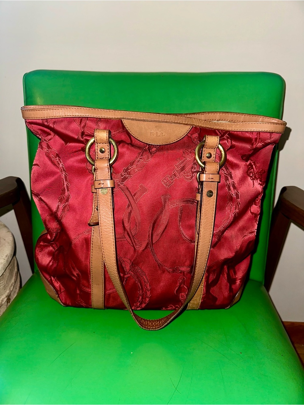 Ralph Lauren Burgundy Tote with Tan Leather Trim